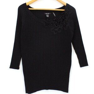 Dolce Cabo Sweater Women Black Pullover Stretch Boat Neck Ruffled Long Sleeve 1X